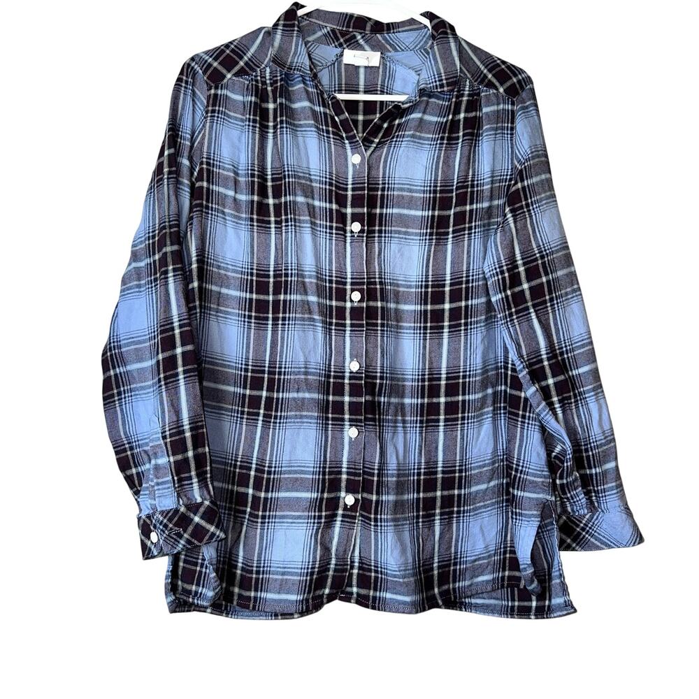 ✨J.JILL Women’s M Petite Plaid Button Front Shirt Long Sleeve Cotton Blend Blue